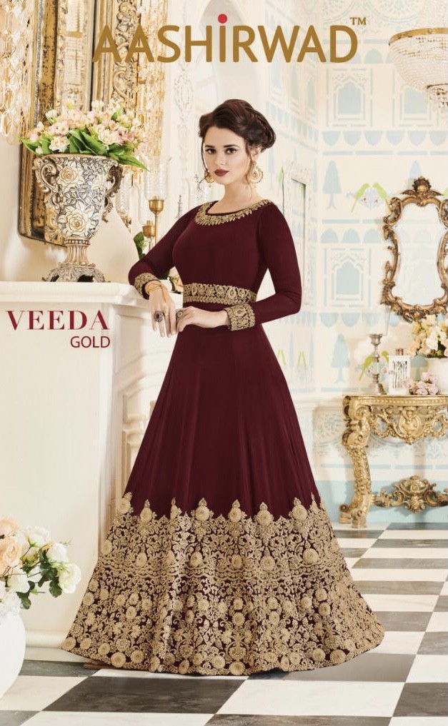 Aashirwad creation Veeda gold Real Georgette. Dull Santoon Party Wear Latest Gown Salwar Suit dress wholesalers